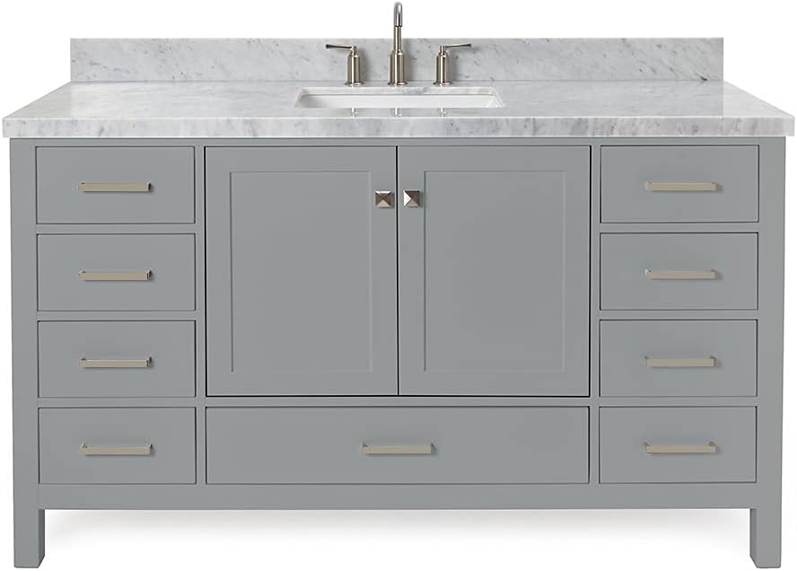 ARIEL Cambridge 60-inch Bathroom Vanity with Sink,Solid Wood, 1.5-inch Italian Carrara Marble Countertop, Single Rectangular Porcelain Sink, 2 Soft Closing Doors, 9 Dovetail Drawers, Grey