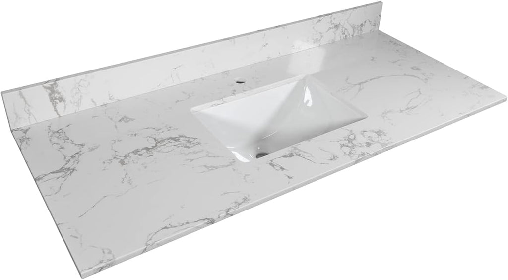 43 Inch Marble Vanity Top with Sink, Engineered Stone Vanity Sink Top with Undermount Ceramic Sink & Backsplash, Single Hole Countertops for Bathroom (Carrara White)
