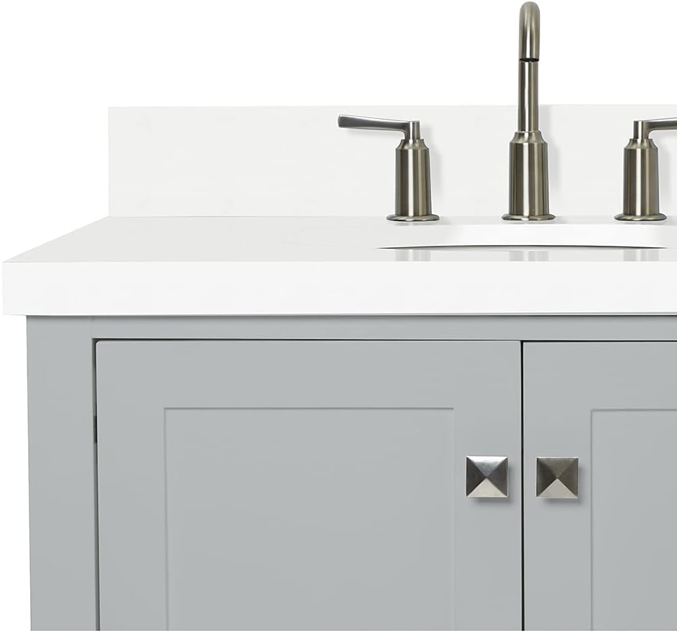 ARIEL Cambridge 42-inch Bathroom Vanity with Sink,Solid Wood, 1.5-inch Pure White Quartz Countertop & Backsplash, Single Oval Porcelain Sink, 2 Soft Closing Doors, 5 Dovetail Drawers, Grey
