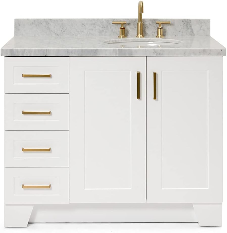 ARIEL Taylor 42-inch Bathroom Vanity with Sink,Solid Wood, 1.5-inch Italian Carrara Marble Countertop & Backsplash, Single Oval Porcelain Sink, 2 Soft Closing Doors, 5 Dovetail Drawers, White