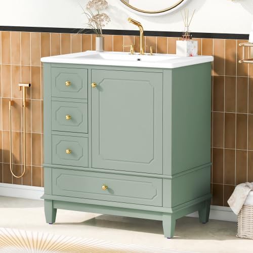 Bellemave 30' Bathroom Vanity with Ceramic Sink & 3 Drawers, Bathroom Cabinet with Storage Shelves & Solid Wood Base, Freestanding Vanity Cabinet with Soft-Close Door with Organizer (Light Green/30)