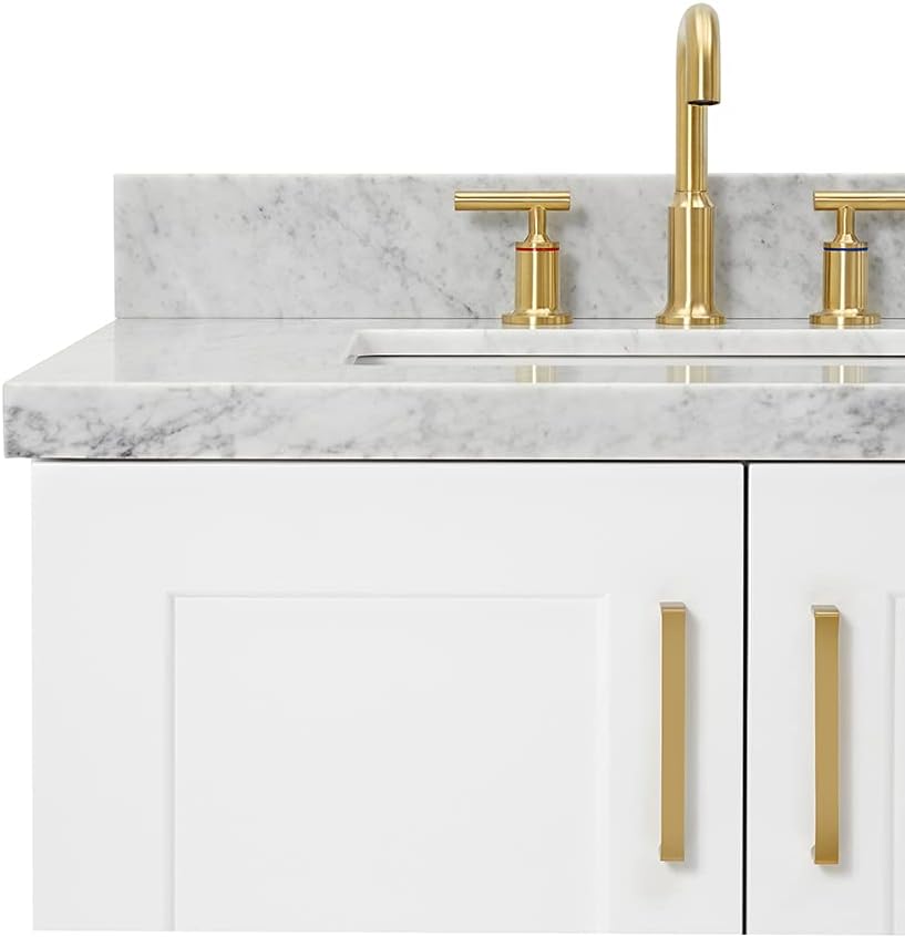 ARIEL Taylor 42-inch Bathroom Vanity with Sink,Solid Wood, 1.5-inch Italian Carrara Marble Countertop, Single Rectangular Porcelain Sink, 2 Soft Closing Doors, 5 Dovetail Drawers, White