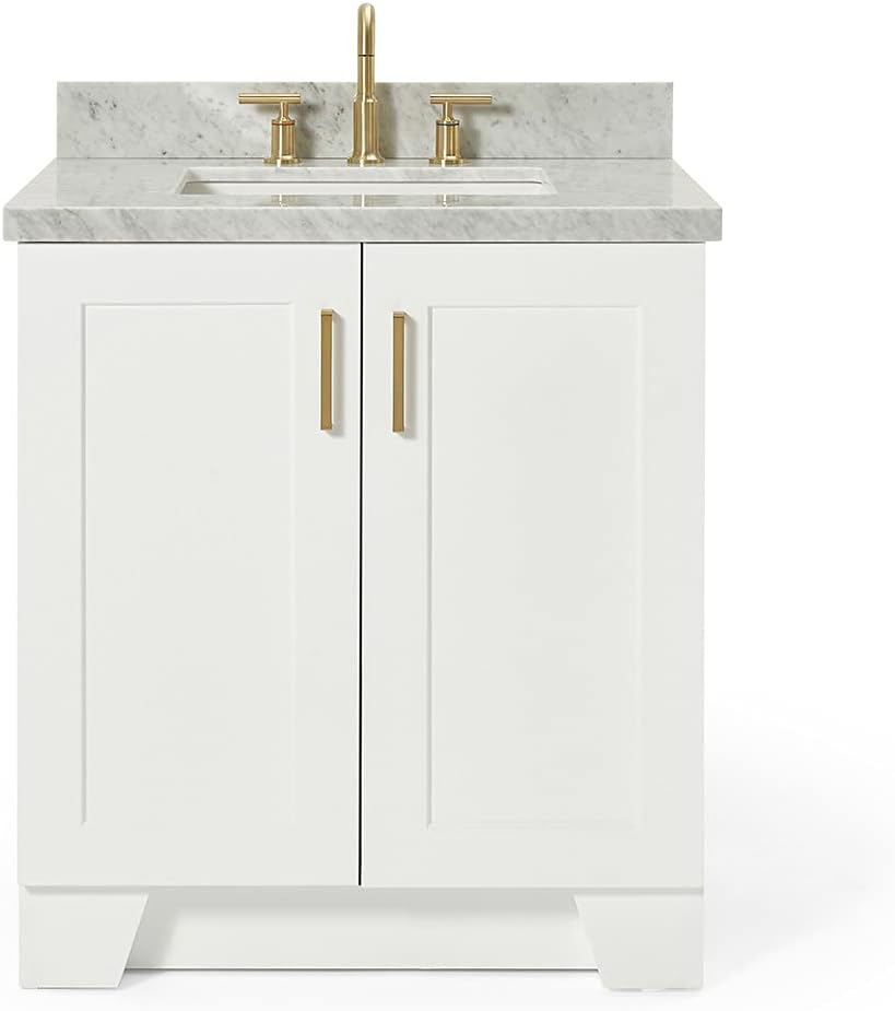 ARIEL Taylor 30-inch Bathroom Vanity with Sink,Solid Wood, 1.5-inch Italian Carrara Marble Countertop, Single Rectangular Porcelain Sink, 2 Soft Closing Doors, 1 Dovetail Drawers, White