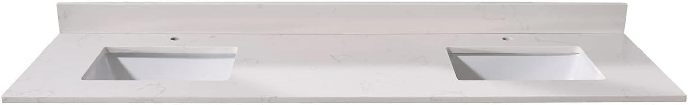 Pemberly Row Modern 73' Composite Stone Double Vanity Top, White Finish, Fits 72' W x 21' D Vanity Cabinet, Includes 2 Undermount Ceramic Basins, Pre-Drilled Faucet Holes, Matching 4' Backsplash