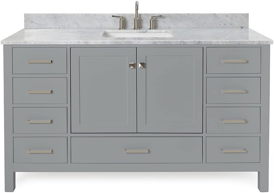 ARIEL Cambridge 60-inch Bathroom Vanity with Sink,Solid Wood, 0.75-inch Italian Carrara Marble Countertop, Single Rectangular Porcelain Sink, 2 Soft Closing Doors, 9 Dovetail Drawers, Grey