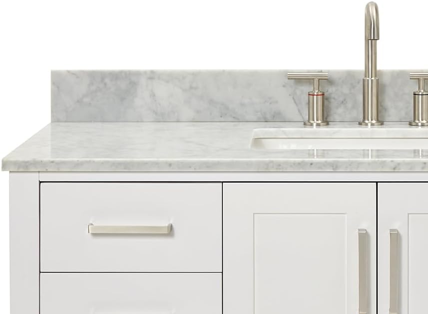 ARIEL Magnolia 48-inch Bathroom Vanity with Sink,Solid Wood, 0.75-inch Italian Carrara Marble Countertop, Single Rectangular Porcelain Sink, 2 Soft Closing Doors, 6 Dovetail Drawers, White