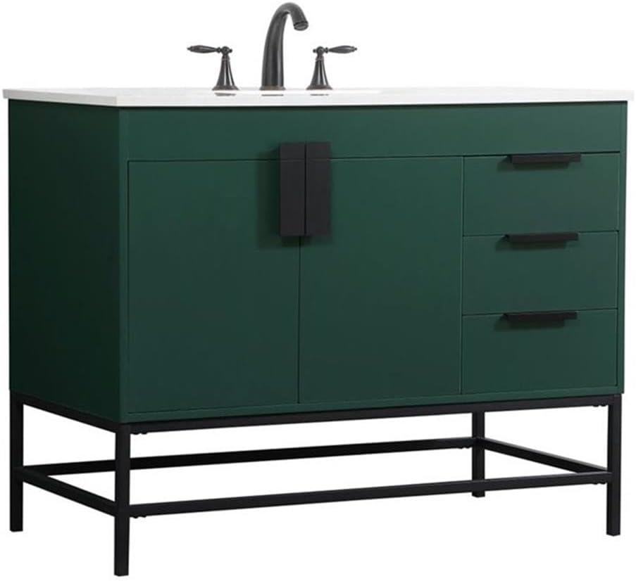 Pemberly Row 42' Aluminum MDF Single Bathroom Vanity, Green Finish, Quartz Top with Porcelain Sink, Rectangle Shape, Soft Closing Drawers and Cabinet, Powder-Coated Metal Legs, Modern Bathroom
