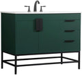 Pemberly Row 42' Aluminum MDF Single Bathroom Vanity, Green Finish, Quartz Top with Porcelain Sink, Rectangle Shape, Soft Closing Drawers and Cabinet, Powder-Coated Metal Legs, Modern Bathroom
