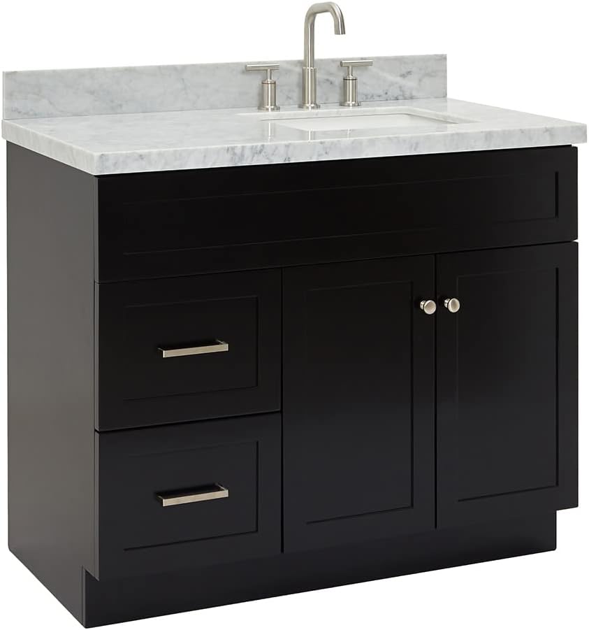 ARIEL Hamlet 42-inch Bathroom Vanity with Sink,Solid Wood, 1.5-inch Italian Carrara Marble Countertop, Single Rectangular Porcelain Sink, 2 Soft Closing Doors, 2 Dovetail Drawers, Black