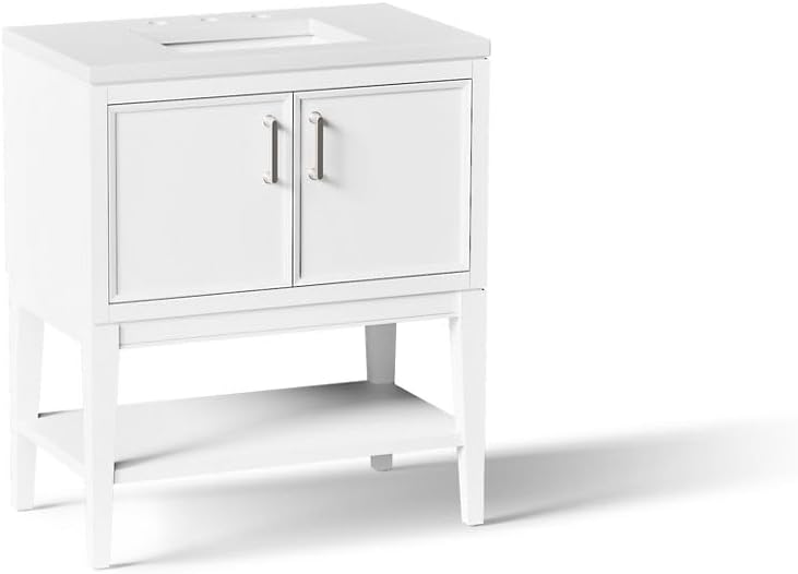 Kohler Winnow 30 Inch Bathroom Vanity Cabinet with White Single Sink and Quartz Top, Modern Bathroom Vanity, White, K-33578-ASB-0