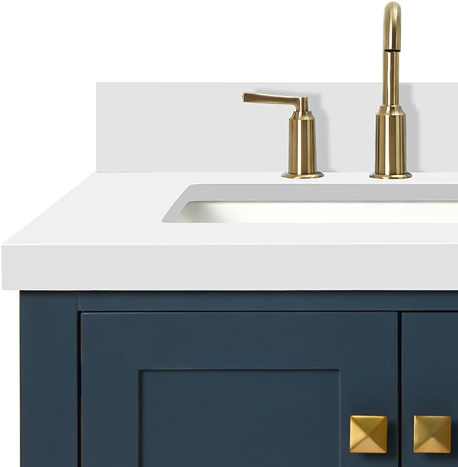 ARIEL Cambridge 36-inch Bathroom Vanity with Sink,Solid Wood, 1.5-inch Pure White Quartz Countertop, Single Rectangular Porcelain Sink, 2 Soft Closing Doors, 5 Dovetail Drawers, Midnight Blue