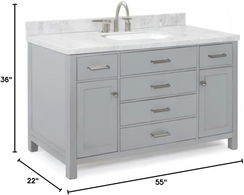 ARIEL Bristol 54-inch Bathroom Vanity with Sink,Solid Wood, 1.5-inch Italian Carrara Marble Countertop, Single Rectangular Porcelain Sink, 2 Soft Closing Doors, 5 Dovetail Drawers, Grey