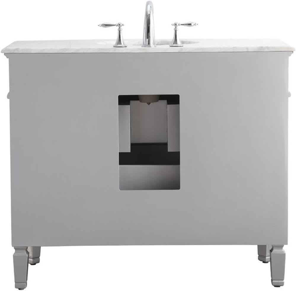 Pemberly Row 42' Marble Top Mirrored Bathroom Vanity, Antique Silver Finish, Rubberwood and MDF Base, Carrara White Marble Countertop, Porcelain Sink, Soft Close Drawers, 2 Doors, Free-Standing Design