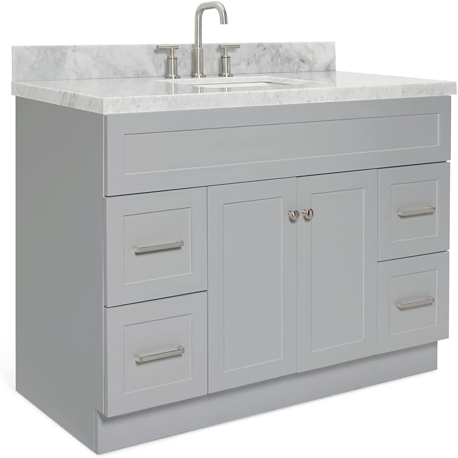 ARIEL Hamlet 48-inch Bathroom Vanity with Sink,Solid Wood, 1.5-inch Italian Carrara Marble Countertop & Backsplash, Single Rectangular Porcelain Sink, 2 Soft Closing Doors, 4 Dovetail Drawers, Grey
