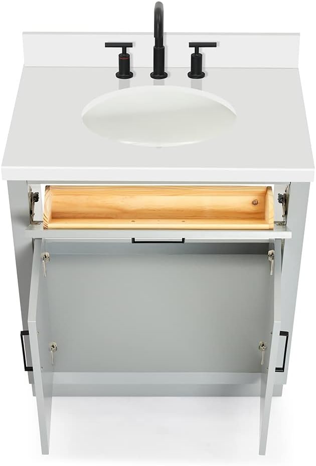 ARIEL Hepburn 30-inch Bathroom Vanity with Sink,Solid Wood, 1.5-inch Pure White Quartz Countertop & Backsplash, Single Oval Porcelain Sink, 2 Soft Closing Doors, 1 Dovetail Drawers, Grey