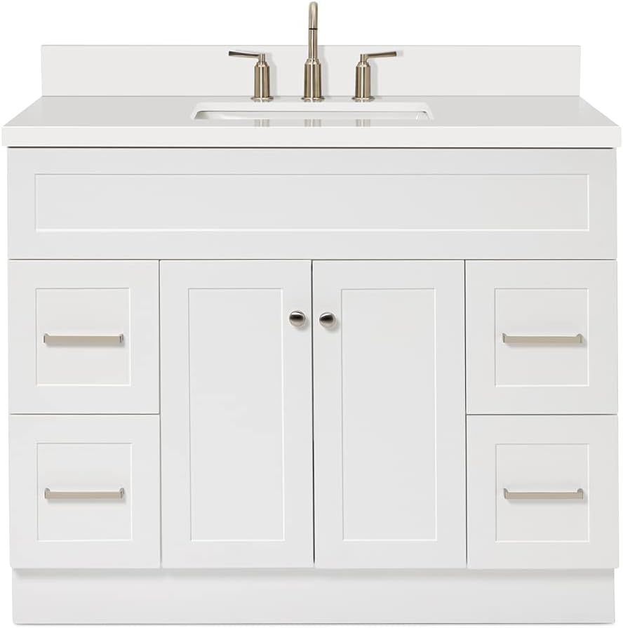 ARIEL Hamlet 42-inch Bathroom Vanity with Sink,Solid Wood, 1.5-inch Pure White Quartz Countertop & Backsplash, Single Oval Sink, 2 Soft Closing Doors, 4 Dovetail Drawers, White
