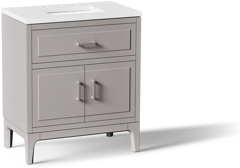 Kohler Seer 30 Inch Bathroom Vanity Cabinet with White Single Sink and Quartz Top, Modern Bathroom Vanity, Mohair Gray, K-33552-ASB-1WT
