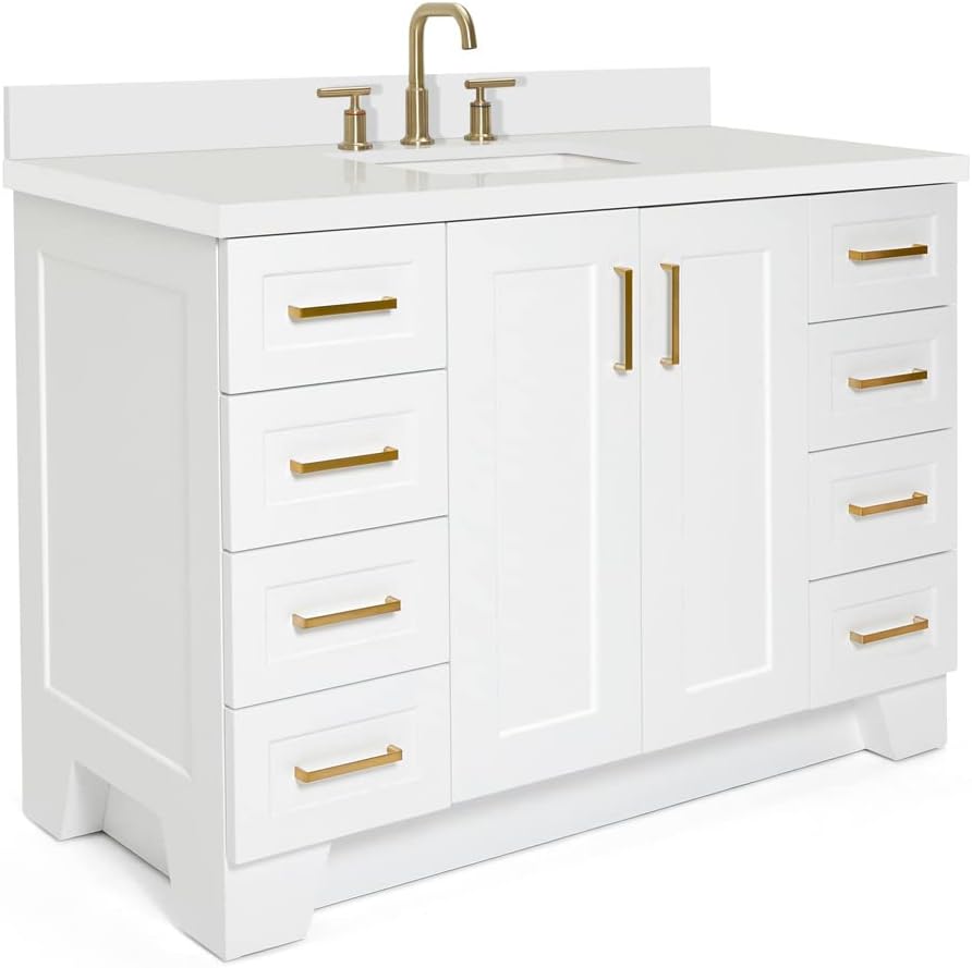 ARIEL Taylor 48-inch Bathroom Vanity with Sink,Solid Wood, 1.5-inch Pure White Quartz Countertop & Backsplash, Single Rectangular Porcelain Sink, 2 Soft Closing Doors, 9 Dovetail Drawers, White