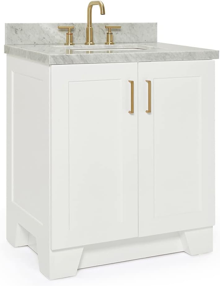 ARIEL Taylor 30-inch Bathroom Vanity with Sink,Solid Wood, 1.5-inch Italian Carrara Marble Countertop, Single Rectangular Porcelain Sink, 2 Soft Closing Doors, 1 Dovetail Drawers, White