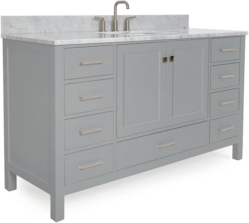 ARIEL Cambridge 60-inch Bathroom Vanity with Sink,Solid Wood, 0.75-inch Italian Carrara Marble Countertop, Single Rectangular Porcelain Sink, 2 Soft Closing Doors, 9 Dovetail Drawers, Grey