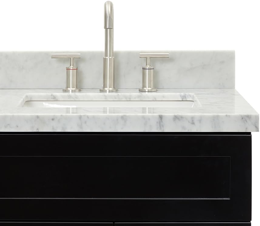 ARIEL Hamlet 36-inch Bathroom Vanity with Sink,Solid Wood, 1.5-inch Italian Carrara Marble Countertop, Single Rectangular Porcelain Sink, 2 Soft Closing Doors, 2 Dovetail Drawers, Black