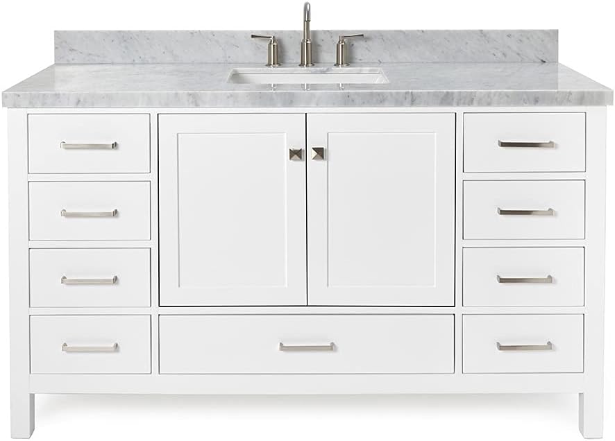 ARIEL Cambridge 60-inch Bathroom Vanity with Sink,Solid Wood, 1.5-inch Italian Carrara Marble Countertop, Single Rectangular Porcelain Sink, 2 Soft Closing Doors, 9 Dovetail Drawers, White