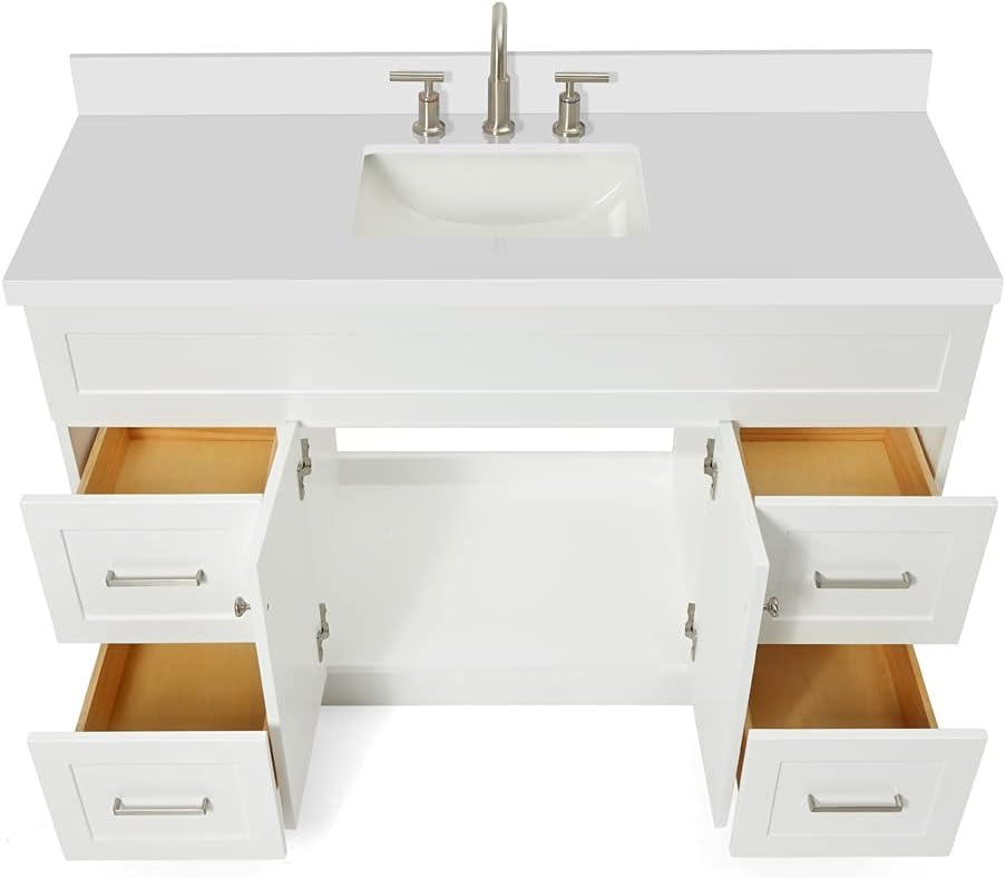ARIEL Hamlet 54-inch Bathroom Vanity with Sink,Solid Wood, 1.5-inch Pure White Quartz Countertop & Backsplash, Single Rectangular Porcelain Sink, 2 Soft Closing Doors, 4 Dovetail Drawers, White