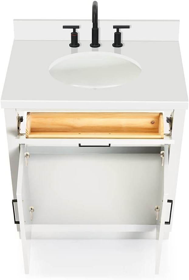 ARIEL Hepburn 30-inch Bathroom Vanity with Sink,Solid Wood, 1.5-inch Pure White Quartz Countertop & Backsplash, Single Oval Porcelain Sink, 2 Soft Closing Doors, 1 Dovetail Drawers, White