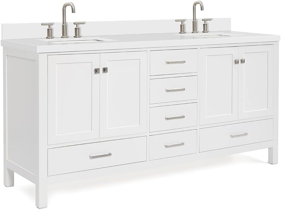 ARIEL Cambridge 72-inch Bathroom Vanity with Sink,Solid Wood, 1.5-inch Pure White Quartz Countertop & Backsplash, Double Rectangular Porcelain Sink, 4 Soft Closing Doors, 6 Dovetail Drawers, White
