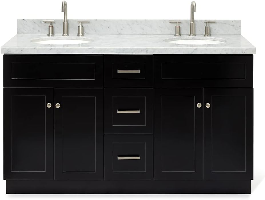 ARIEL Hamlet 60-inch Bathroom Vanity with Sink,Solid Wood, 1.5-inch Italian Carrara Marble Countertop & Backsplash, Double Oval Porcelain Sink, 4 Soft Closing Doors, 3 Dovetail Drawers, Black