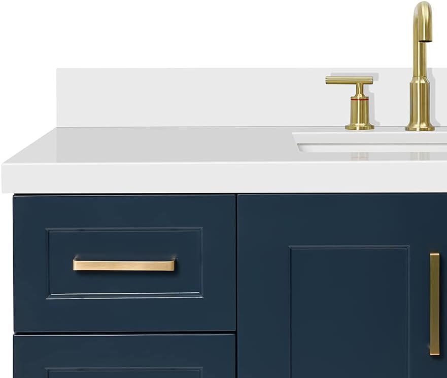 ARIEL Taylor 48-inch Bathroom Vanity with Sink,Solid Wood, 1.5-inch Pure White Quartz Countertop, Single Rectangular Porcelain Sink, 2 Soft Closing Doors, 9 Dovetail Drawers, Midnight Blue