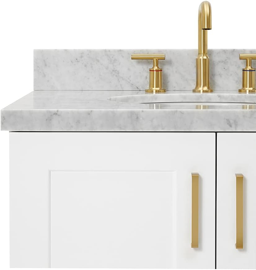 ARIEL Taylor 42-inch Bathroom Vanity with Sink,Solid Wood, 1.5-inch Italian Carrara Marble Countertop & Backsplash, Single Oval Porcelain Sink, 2 Soft Closing Doors, 5 Dovetail Drawers, White