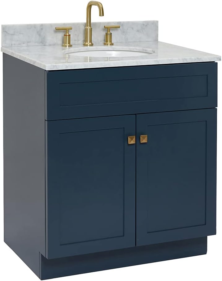 ARIEL Hamlet 30-inch Bathroom Vanity with Sink,Solid Wood, 0.75-inch Italian Carrara Marble Countertop & Backsplash, Single Oval Porcelain Sink, 2 Soft Closing Doors, Midnight Blue