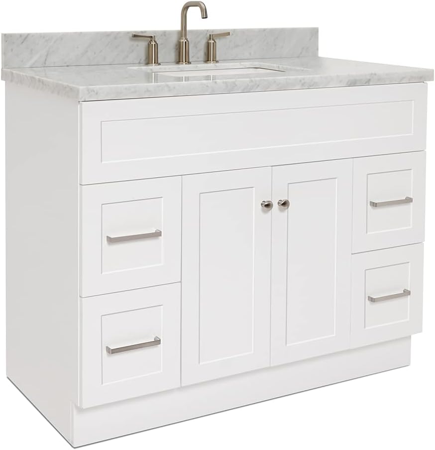 ARIEL 48-Inch Midnight Blue Bathroom Vanity with Sink, 1.5' Pure White Quartz Countertop & Backsplash, Rectangular Sink, 2 Soft Closing Doors, 4 Dovetail Drawers, Toe Kick, Satin Brass