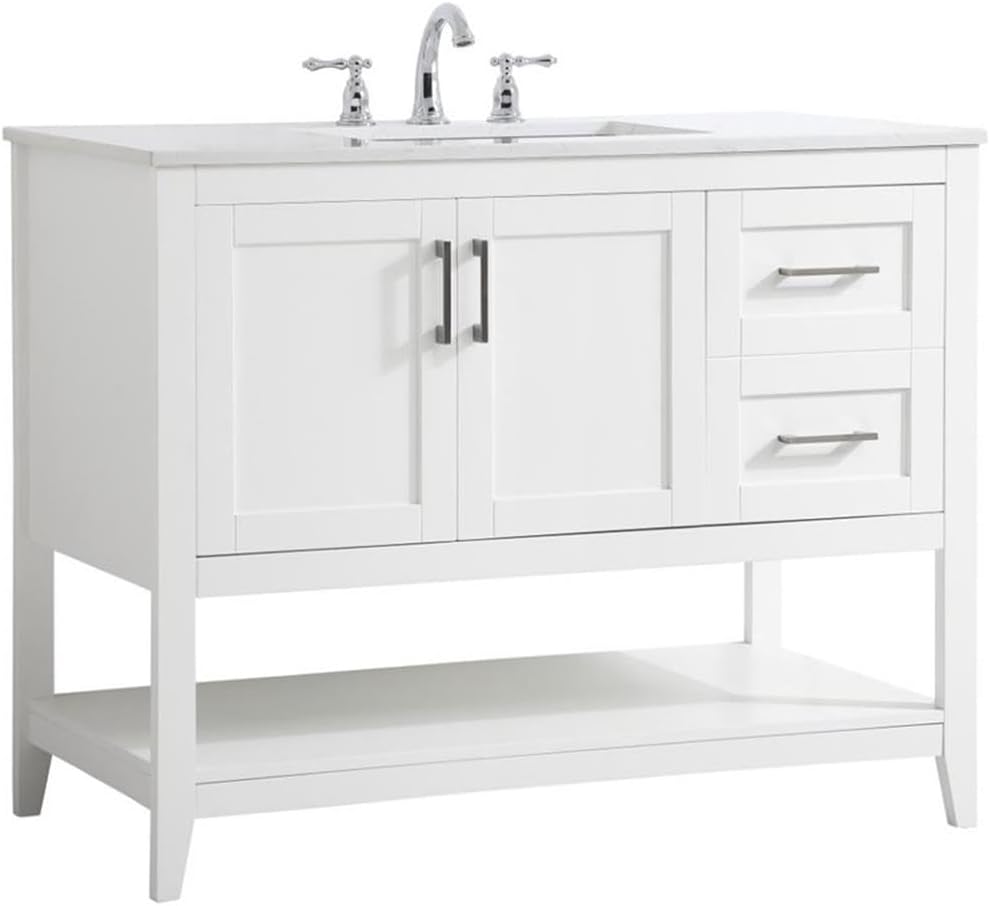 Pemberly Row Traditional 42' Bathroom Vanity, White Finish, Quartz Top with Undermount Porcelain Sink, Solid Wood and MDF Construction, Free-Standing, Storage Cabinet and Bottom Shelf, Brushed Nickel