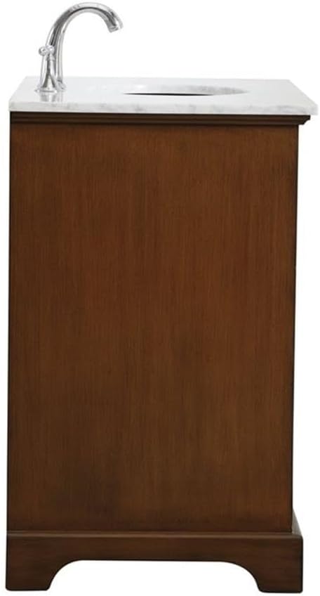Pemberly Row Contemporary 36' Wood Bathroom Vanity, Brown Teak Finish, Italian Carrara Marble Top, Oval Porcelain Undermount Sink, 3 Drawers, 2 Doors, Freestanding Design for Home or Office Bathrooms