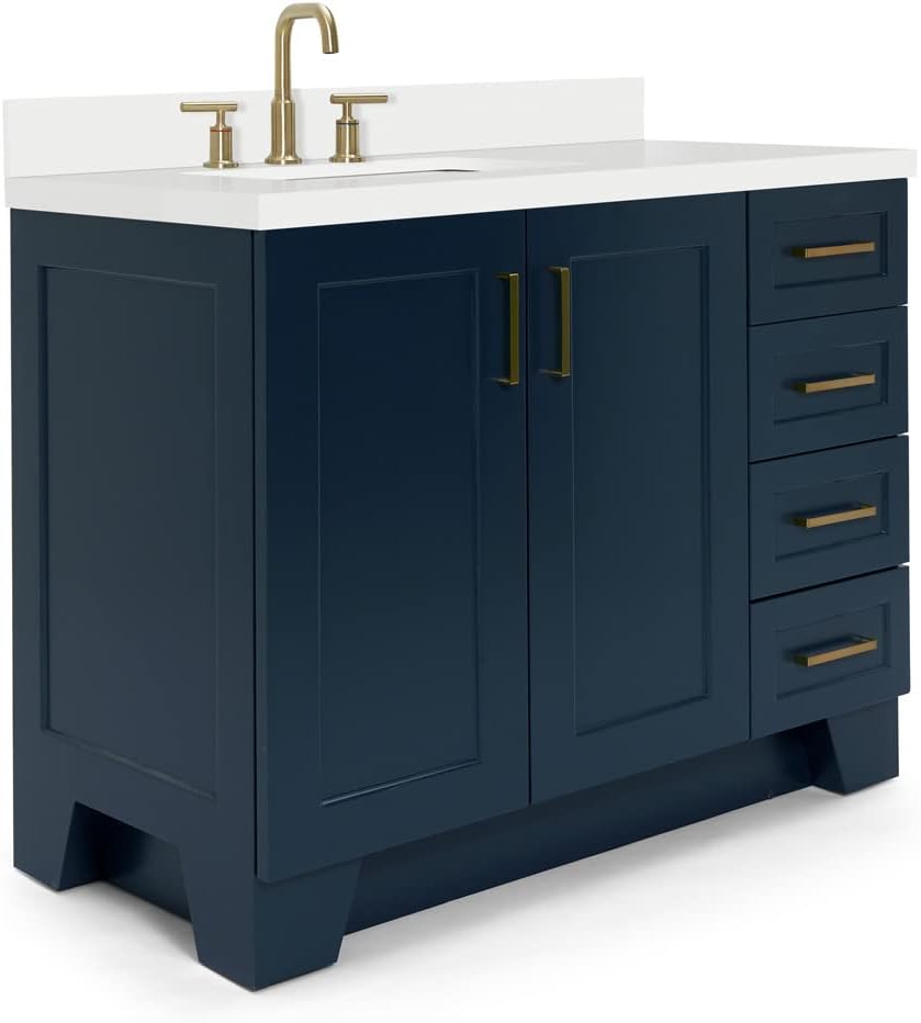 ARIEL Taylor 42-inch Bathroom Vanity with Sink,Solid Wood, 1.5-inch Pure White Quartz Countertop, Single Rectangular Porcelain Sink, 2 Soft Closing Doors, 5 Dovetail Drawers, Midnight Blue