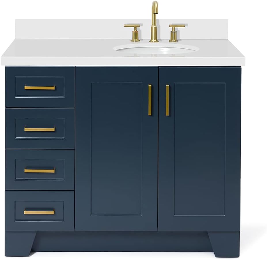 ARIEL Taylor 42-inch Bathroom Vanity with Sink,Solid Wood, 1.5-inch Pure White Quartz Countertop & Backsplash, Single Oval Porcelain Sink, 2 Soft Closing Doors, 5 Dovetail Drawers, Midnight Blue