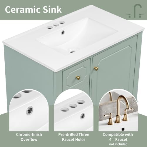 Bellemave 30' Bathroom Vanity with Ceramic Sink & 3 Drawers, Bathroom Cabinet with Storage Shelves & Solid Wood Base, Freestanding Vanity Cabinet with Soft-Close Door with Organizer (Light Green/30)