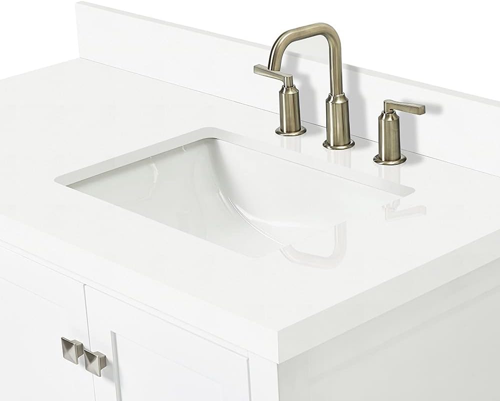 ARIEL Cambridge 42-inch Bathroom Vanity with Sink,Solid Wood, 1.5-inch Pure White Quartz Countertop & Backsplash, Single Rectangular Porcelain Sink, 2 Soft Closing Doors, 5 Dovetail Drawers, White