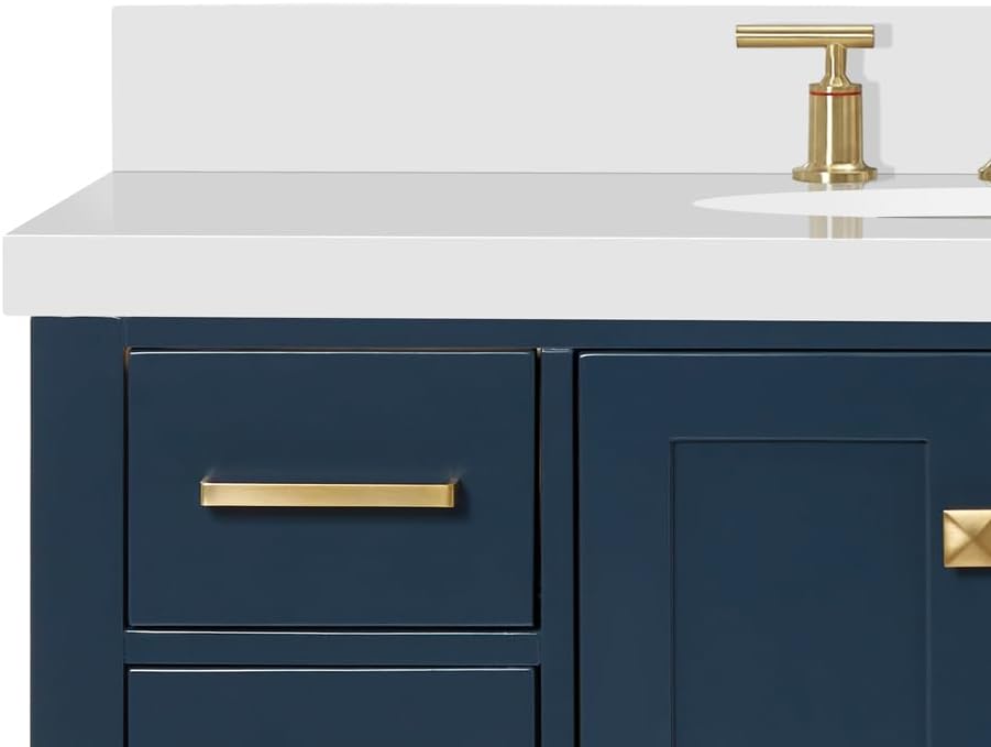 DKB Beckford 42-Inch Midnight Blue Bathroom Vanity with Sink, Solid Wood Cabinet, 1.5' Quartz Countertop & Backsplash, Oval Sink, 2 Soft Closing Doors, 9 Drawers, Brushed Nickel Hardware