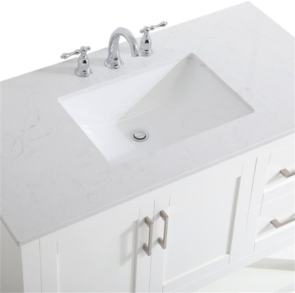 Pemberly Row Traditional 42' Bathroom Vanity, White Finish, Quartz Top with Undermount Porcelain Sink, Solid Wood and MDF Construction, Free-Standing, Storage Cabinet and Bottom Shelf, Brushed Nickel