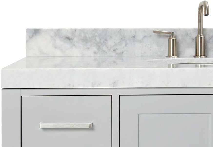 ARIEL Cambridge 48-inch Bathroom Vanity with Sink,Solid Wood, 2-inch Italian Carrara Marble Countertop & Backsplash, Single Oval Porcelain Sink, 2 Soft Closing Doors, 9 Dovetail Drawers, Grey