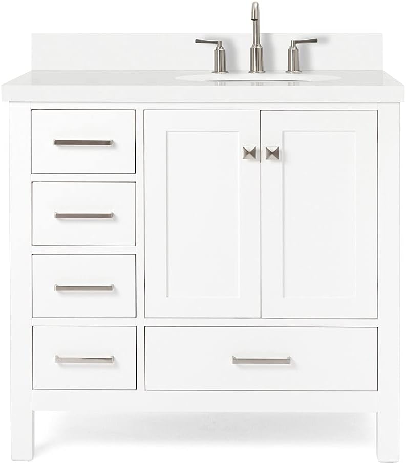 ARIEL Cambridge 36-inch Bathroom Vanity with Sink,Solid Wood, 1.5-inch Pure White Quartz Countertop & Backsplash, Single Oval Porcelain Sink, 2 Soft Closing Doors, 5 Dovetail Drawers, White