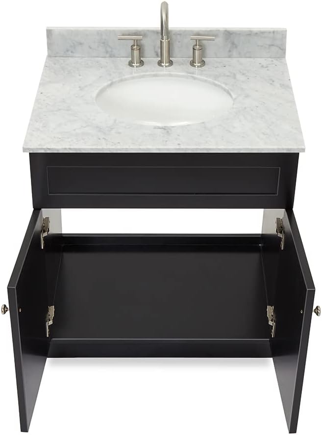 ARIEL Hamlet 30-inch Bathroom Vanity with Sink,Solid Wood, 0.75-inch Italian Carrara Marble Countertop, Single Oval Porcelain Sink, Soft Closing Doors, Black