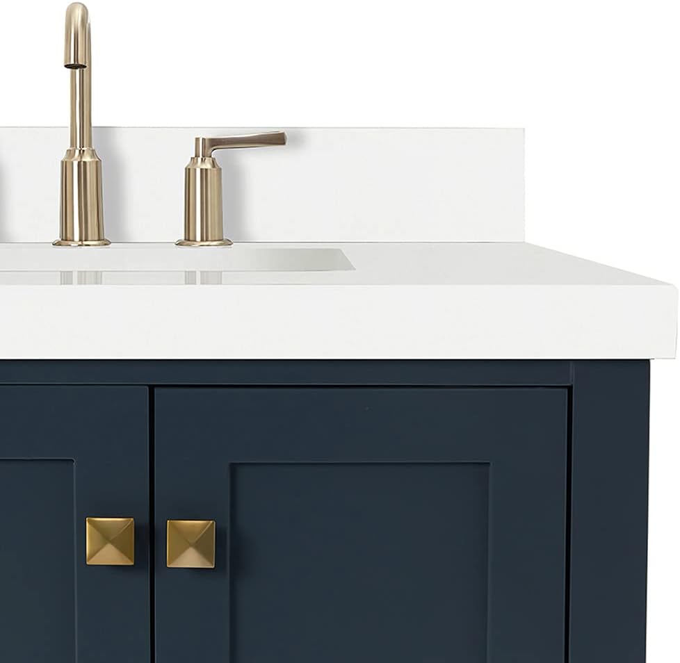 ARIEL Cambridge 36-inch Bathroom Vanity with Sink,Solid Wood, 1.5-inch Pure White Quartz Countertop, Single Rectangular Porcelain Sink, 2 Soft Closing Doors, 5 Dovetail Drawers, Midnight Blue