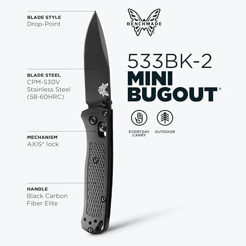 Benchmade - Mini Bugout, Outdoor, EDC Folding Knife, Drop-Point Blade with Black Carbon Fiber Handle (533-3)