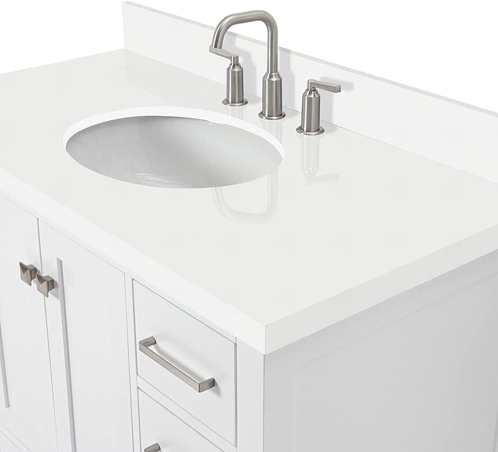 DKB Beckford 42-Inch White Bathroom Vanity with Sink, 1.5' Quartz Countertop & Backsplash, Undermount Oval Sink, 2 Soft Closing Doors & 9 Drawers, Satin Brass Hardware, Solid Wood Construction