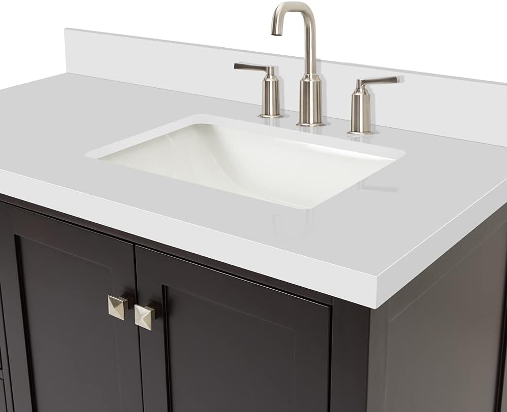 DKB Beckford 42-Inch Espresso Single Bathroom Vanity with Sink, 1.5-Inch White Quartz Countertop & Backsplash, Right Rectangular Undermount Sink, 2 Soft Closing Doors, 5 Dovetail Drawers, Solid Wood