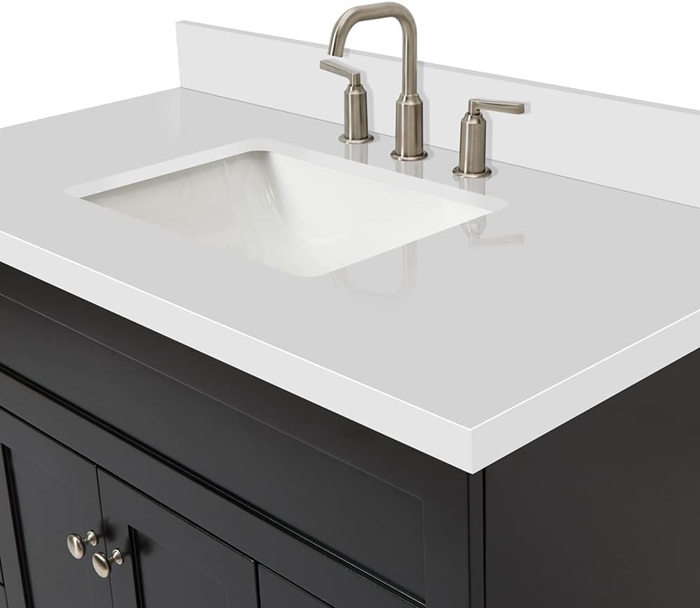 ARIEL 36' Grey Single Bathroom Vanity with Sink, 1.5' Pure White Quartz Countertop, Rectangular Undermount Sink, 2 Soft-Closing Doors, 2 Dovetail Drawers, Built-in Toe Kick
